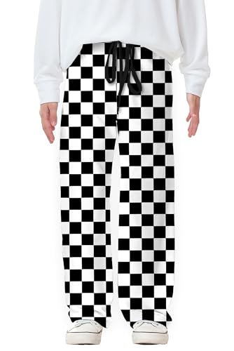 Long Pants Drawstring Elastic Waisted Casual Plaid Graphic Loose Fit Pant Black White 13-14 Years2