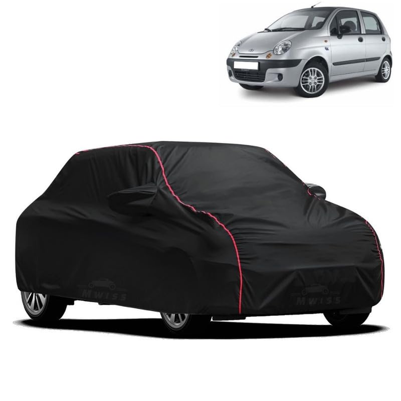 Image of Waterproof Car Cover for Daewoo Matiz | All-Weather Protection, Dustproof & UV Resistant | Triple Stitched Mirror Pockets, Windproof Buckle Strap with Elastic Hem, Black-Red Piping
