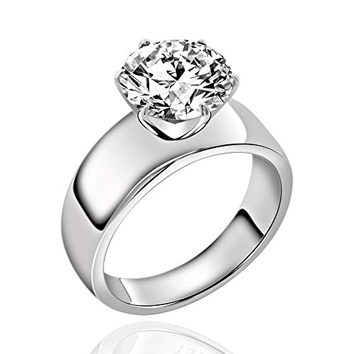 Stainless Steel 4 Carat Round Cubic Zirconia CZ Engagement Women Wedding Solitaire Promise Bands Ring