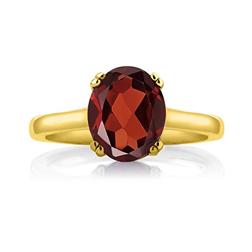 Gem Stone King 3.63 Cttw Oval Red Garnet and White Diamond 18K Yellow Gold Plated Silver Solitaire Ring For Women | Gemstone Birthstone | Available In Size 5, 6, 7, 8, 92