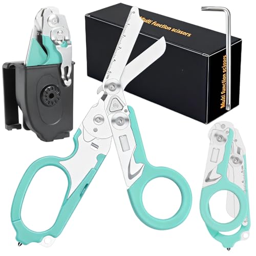 SUVIVISUN Foldable 6-in-1 Multi-Tool, Stainless Steel Trauma Shears with Holster for EMT, Outdoor Camping & Daily Emergency (green)