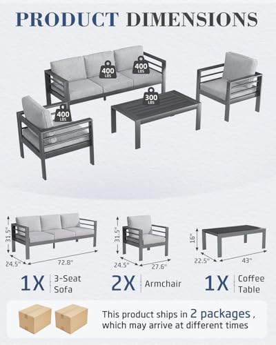 Image of AECOJOY Aluminum Patio Furniture Set, 5 Seats Modern Outdoor Furniture with Coffee Table, 4 Pieces Metal Conversation Sectional Sofa, Light Gray