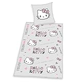 Hello Kitty Microfaser-Bettwäsche grau, Kopfkissenbezug ca. 80x80 cm, Bettbezug ca. 135x200 cm, mit leichtläufigem Reißverschluss, 100% Polyester, Mikrofaser
