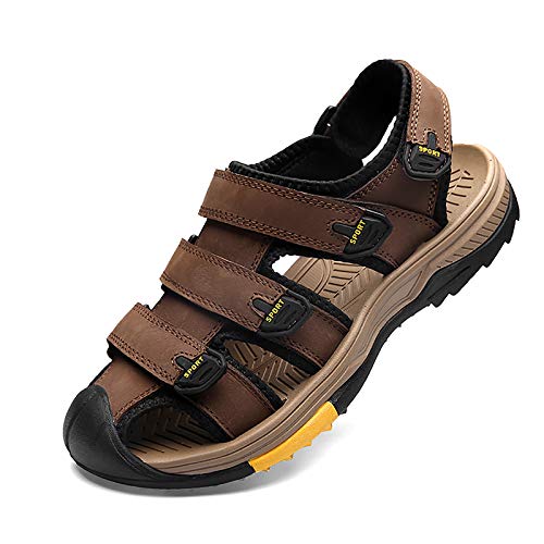 Men's Breathable Sandals Adjustable Closed Toe Leather Athletic Hand Stitching Shoes Outdoor Driving Fisherman Sandals for Summer Hiking Sports Business Walking Work Office Khaki Size 11