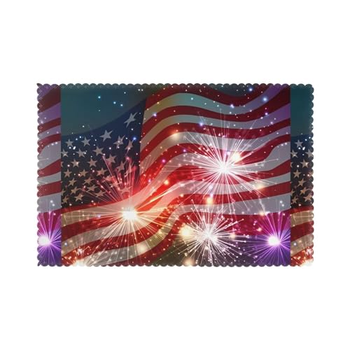 YYHHAOFA Fireworks American Flag Printing Placemats for Dining Table Set of 6 Thick and Sturdy Design for Excellent Wear Resistance, Good Wrinkle Resistance