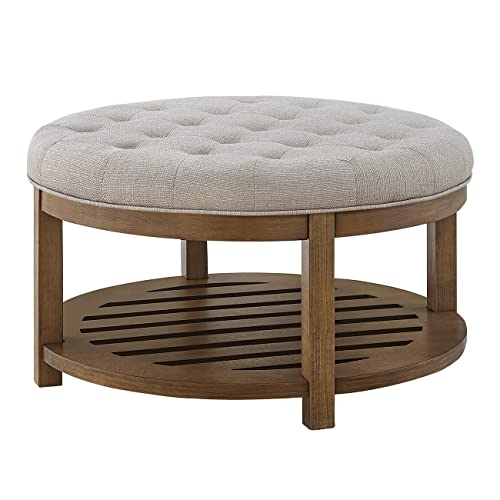 24KF Large Round Upholstered Tufted Linen Ottoman Coffee Table, Large Footrest Ottoman with Wood Shelf Storage-Iinen by 24KF - Image 2