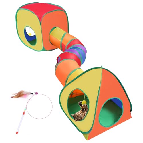 Cat Tunnels for Indoor Cats with Tent Cube and Feather Toy Collapsible Combo, Pop Up Cat Play Tunnel with Interactive Cat Toy Ball for Kitten, Ferret, Puppy, Guinea Pig, Rabbit, Bunny, Multicolour