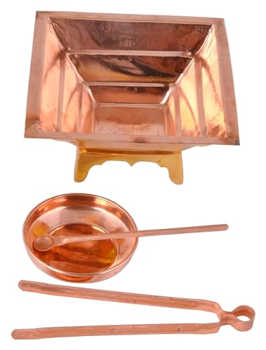 Image of Shiv Shakti Arts Pure Copper Hawan Kund Agnihotra Set with Both Side Handle and Stand (5 Pc Set, 13.8 x 13.8 cm)