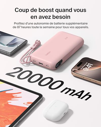 Belkin Batterie Externe USB-C 20 000 mAh, Power Bank avec 2 Ports Type C et 1 Port USB-A (écran numérique, 20 W, pour Tous Les modèles de l'iPhone 16, Samsung Galaxy S25, Pixel 9, iPad, etc., Rose)