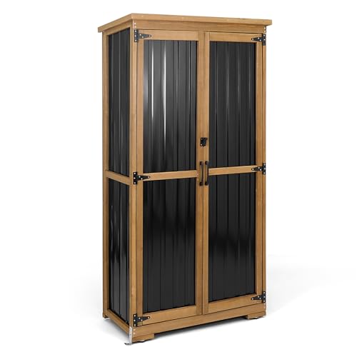 PetsCosset Outdoor Storage Cabinet, Wood & Metal Storage Shed with Weather-Resistant Roof, Removable Shelves, Lockable Doors, Outside Storage Tool Org