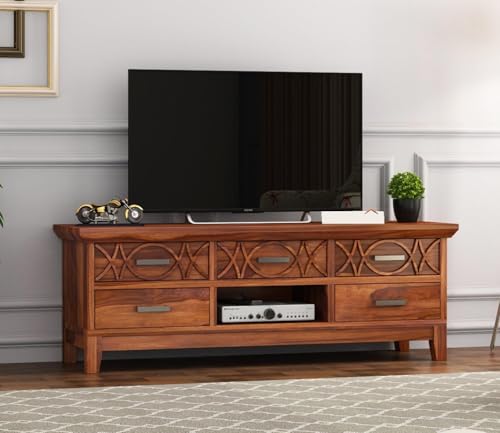 Image of Solid Sheesham Wood TV Unit for Living Room | TV Stand | TV Cabinet with Storage for Living Room and Hotel Furniture (Honey Finish-01)