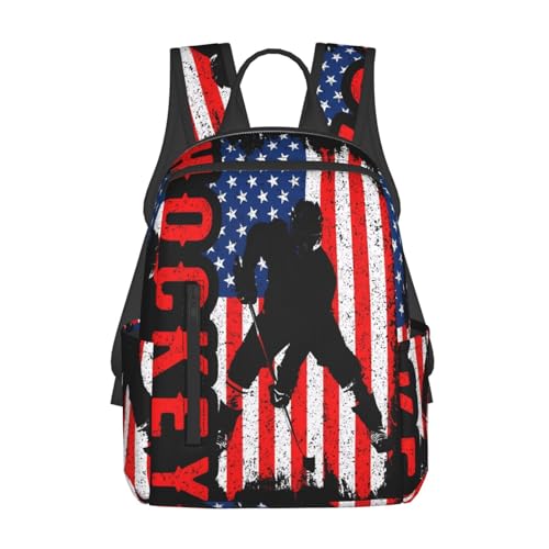 American Hockey Flag Casual Backpacks Laptop Backpack Outdoor Travel Rucksack Sport Carry-On Daypack Lightweight Bag with Multi-Pockets