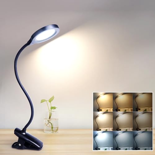 Akynite 36 LED Clip on Bed Light USB Rechargeable, 3 Colours Changing and 3 Brightness, Cordless Clip Desk Light, Bedside Reading Lamp Clip On for Desk Table, Black