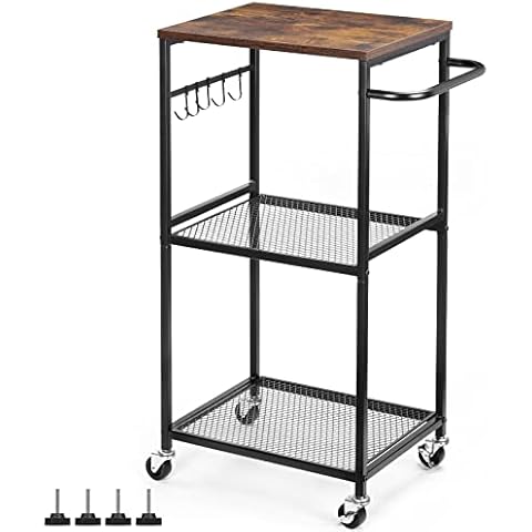 Kitchen Microwave Cart, 3 Tier Mesh Utility Storage Cart, Wood Look Top and Metal Frame for Kitchen, Living Room, Laundry, Rustic Brown Cover