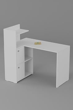 L Desk Left Direction White with Cabinet with Bookcase