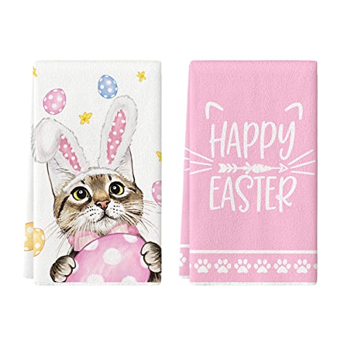 Artoid Mode Pink Rabbit Ears Cat Eggs Happy Easter Kitchen Towels Dish Towels, 18x26 Inch Spring Summer Holiday Decoration Hand Towels Set of 2 Artoid Mode Pink Rabbit Ears Cat Eggs Happy Easter Kitchen Towels Dish Towels, 18x26 Inch Spring Summer Holiday Decoration Hand Towels Set of 2