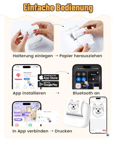 Phomemo Aufkleber Drucker, T02 Mini Thermodrucker für Smartphone, Tragbarer Fotodrucker mit 3 Rollen Etiketten, Thermodrucker Bluetooth Etikettendrucker für DIY Erstellung, Studiennotizen (Weiß)