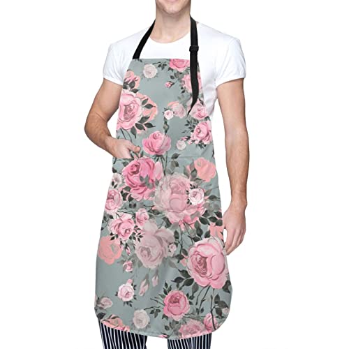 Pink Rose Floral Grey Shabby Chic Funny Apron 2 Pockets Mom Women Wife Girlfriend Birthday Valentine's Day Gifts Bbq Grilling Cooking Master Chef Kitchen #TOP1
