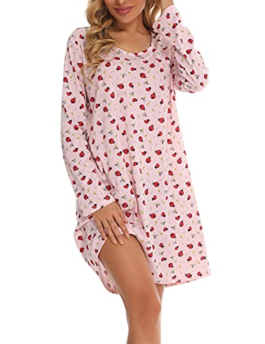 ENJOYNIGHT - Chemise de nuit - Vêtement de nuit - À manches longues - En coton - Imprimé - Pour femmes, Coccinelle rose, L Cover