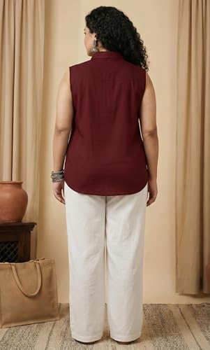 Image of Women Plus Size Sleeveless Button Down Shirt Polyester Formal Office Casual Wear Classic Fit Professional Shirt