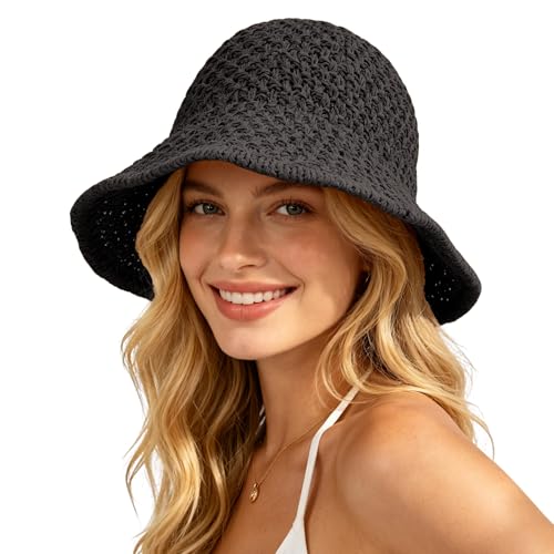 Sun Hat for Women Summer Straw Beach Hats Floppy Crochet Hat UV Protection Travel Bucket Hat Foldable Packable Black