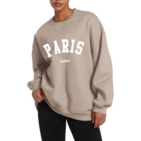 Tuislay Paris College Sweatshirt for Women Oversized Trendy Comfy Crewneck Sweatshirts Casual Graphic Pullover Tops Unisex (Apricot,M,Medium) Cover