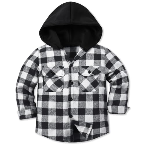 Cromoncent Boy's Long Sleeve Hoodie Jacket Button Down Plaid Flannel Shirt,Hooded White Black,5-6Y = Tag 130