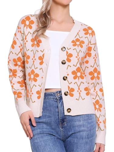 Allegra K Open Front Cardigan Sweaters for Women Floral Print V Neck Button Down Long Sleeve Knit Sweater