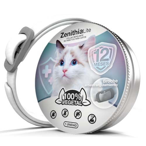 Zenithia Collar Repelente de Insectos, Collar Antipulgas Gatos, Garrapatas y Mosquitos -12 Meses Protección-65cm-Ajustable-100% Vegetal-Impermeable-X1 Und (Gatos)
