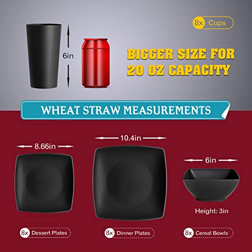 Teivio 32-Piece Plastic Wheat Straw Square Dinnerware Set For 8, Unbreakable Dinner Plates, Salad Plates, Snack Bowls, Tumblers 20 Oz, Dishwasher Safe, Black #TOP22