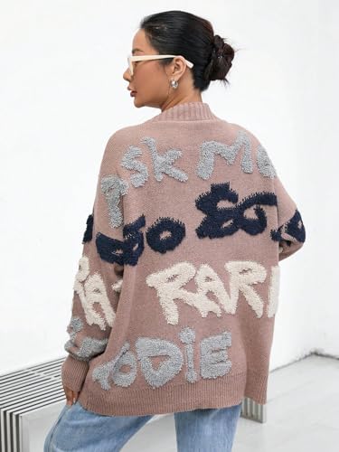 Image of WDIRARA Women's Letter Print Button Open Front V Neck Long Sleeve Cardigan Knit Sweater