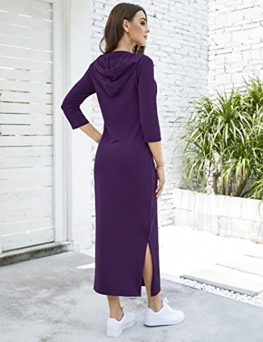 Image of MISSKY Women Casual Pocket Quarter-Zip Neck 3 /4 Sleeve Slim Split Pullover Hoodie Maxi Dress