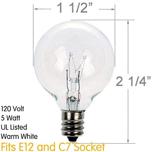 Brightown G40 Clear Light Bulbs Outdoor Light Bulbs Globe E12 Candelabra Screw Base, Incandescent Round Warm Replacement Glass Bulbs for Patio String Lights, 5W 120V, Pack of 25