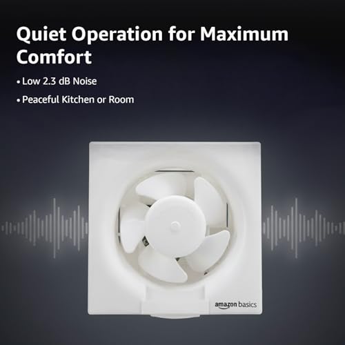 Image of Amazon Basics Ventilation 8 inch Fan | 40W | 5 Blades | 200 mm Sweep | 2.3 dB Low Noise | Window Mount | Wall Switch Control | White Plastic