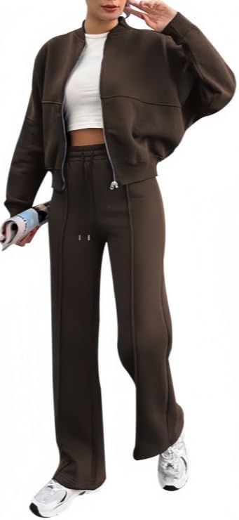 Women's 2 Piece Sweatsuits Set Long Sleeve Zip Up solid color Sweatshirt Wide Leg Sweatpants Lounge Sets