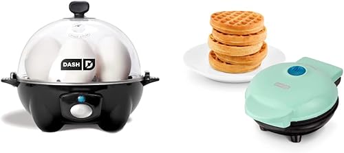 Miniatura 1 de Dash DEC005BK, huevos escalfados, revueltos u tortillas, 6, negro y DMW001AQ Mini Maker para gofres individuales, café hash y chaffles keto fáciles
