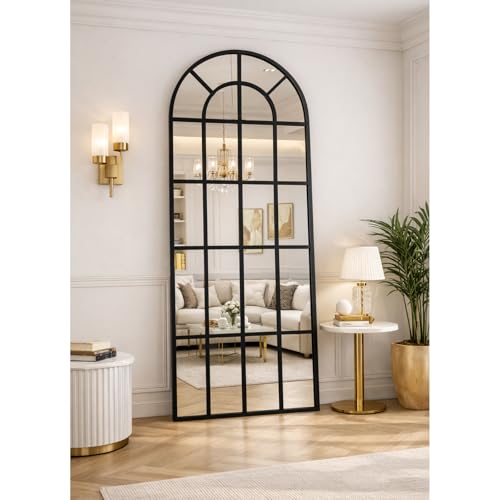 PengGengA Fensterscheibe Ganzkörperspiegel Bogenförmiger Wandspiegel mit Metallrahmen im Landhausstil für Eingang Wohnzimmer Schlafzimmer - Schwarz, 175x63cm | 69' L x 25' W