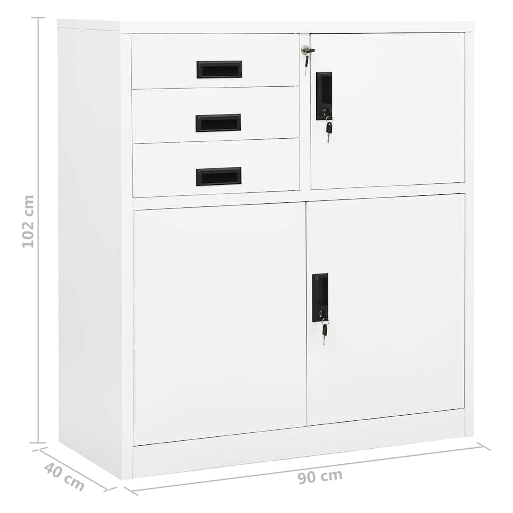 Armario de oficina blanco de acero 90 x 40 x 102 cm con taquilla y estante ajustable, 3 cajones con rodamiento de bolas, armario para oficina o pasillo