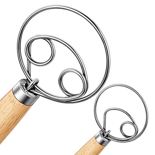 Nlmyt 2Pcs Danish Dough Whisk, Bread Whisk, Dutch Whisk, Wooden Danish Whisk, 13 Inch Premium Stainless Steel Pastry Whisks, Whisk Kitchen Tool for Bread, Batter, Cake