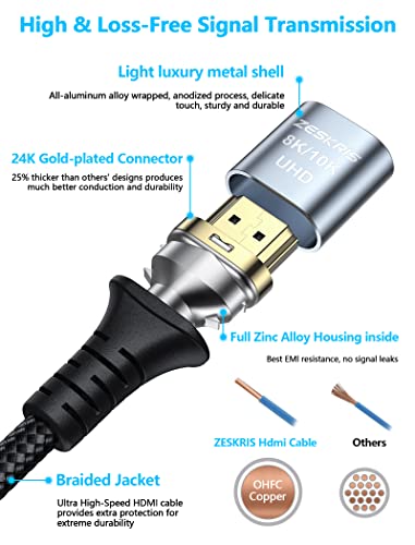 ZESKRIS 3m 10K 8K 4K HDMI 2.1 Cable, 48Gbps Ultra High-Speed Braided Cord, 4K@120Hz 8K@60Hz 144Hz eARC HDR 10 HDCP 2.2 2.3 for Laptop, Monitor, PS5, PS4, Xbox One, UHD TV, grey