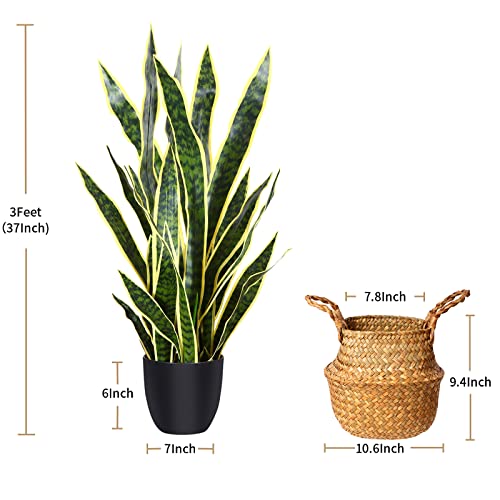 Mosade Artificial Snake Plant 37” Fake Potted Sansevieria With Handmade Seagrass Basket, Perfect Faux Tree Home Décor For Indoor Outdoor Office Porch Balcony Bedroom Bathroom Gift #TOP6