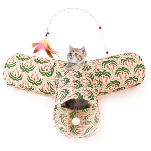 Image of Tempcore Cat Tunnel, 3-Way Collapsible Toy, Large Size Khaki Coconut Tree | Large Size 3-Way Cat Tunnel Provides More Room for Cats to Run, Hide and Chase, with Peek Holes, Hanging Ball and Teaser Wand