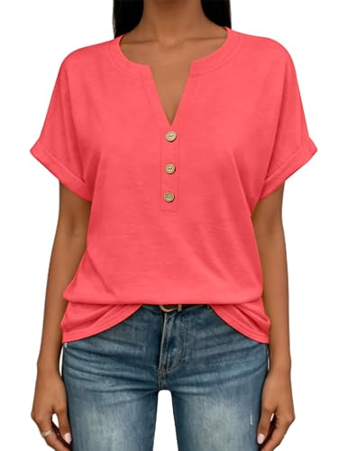 Image of EyMuse Womens Short Sleeve Henley Tops Fashion Casual V Neck Summer Tshirt | Summer Button Up Top Fashion Soft Basic Tees Blouses Spring Comfortable Classic Clothing Resort Wear for Women 2026