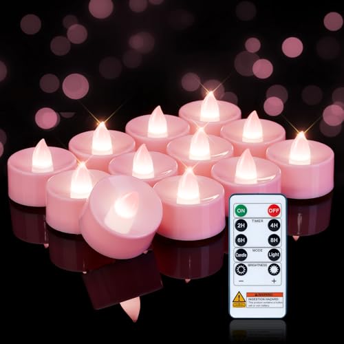 Image of Homemory 12-Pack Pink Remote Flameless Battery Tea Light Candles, 400+ Hrs | 2 /4 /6 /8H Timer LED Flickering Tealight Votives for Valentine's Day, Cozy Ambiance, Wedding, Birthdays and Baby Showers