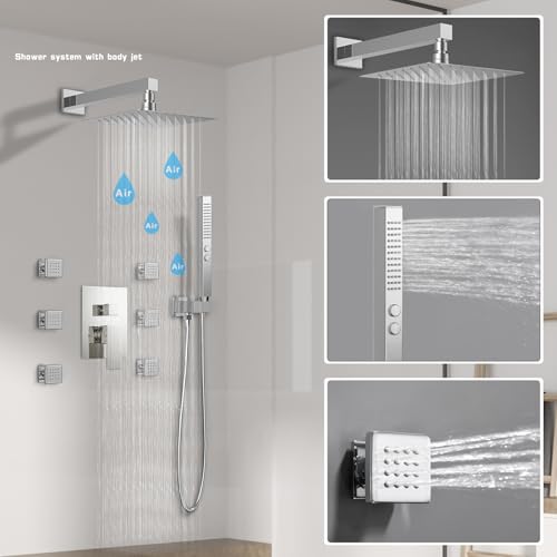 Shower System with 6 Body Jets, STARBATH Shower Jets System in Wall 12 Inch Rain Shower and Handheld Spray Brass Shower Faucet Set Full Body Shower System, Chrome