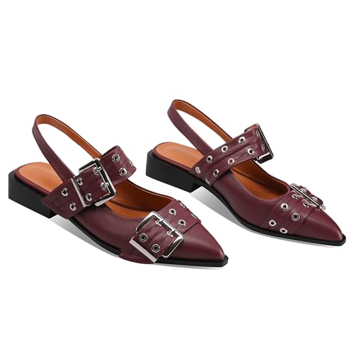 Women Buckle Ballet Flats Pointed Toe Slingback Wide Flat Casual Comfortable Ballerina Block Heel Shoes