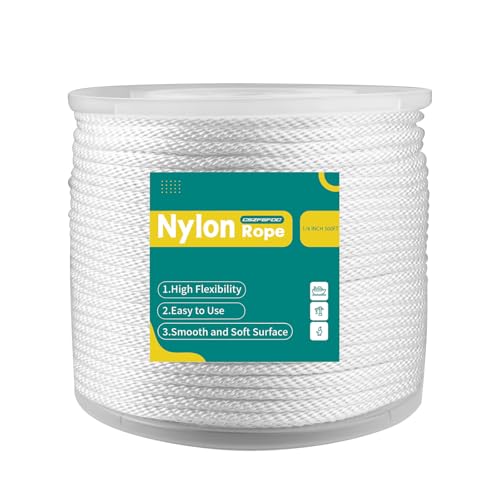 1/4 Inch Nylon Rope 500 Ft Solid Braid High UV and Abrasion Resistance, Multipurpose Tightly Braided Rope, Clothes Line, Flag Line, Marine and Outdoor Twine, Ideal for Indoor and Outdoor Applications