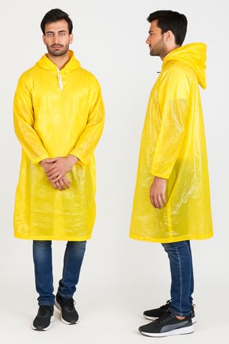 Image of Waterproof Unisex Raincoat | Hooded Full Sleeves Outdoor Poncho for Men, Women, Boys & Girls | Disposable Poncho Raingear Travel Rainsuit Barsaati Durable PVC Rainwear for Camping, Hiking, Travelling