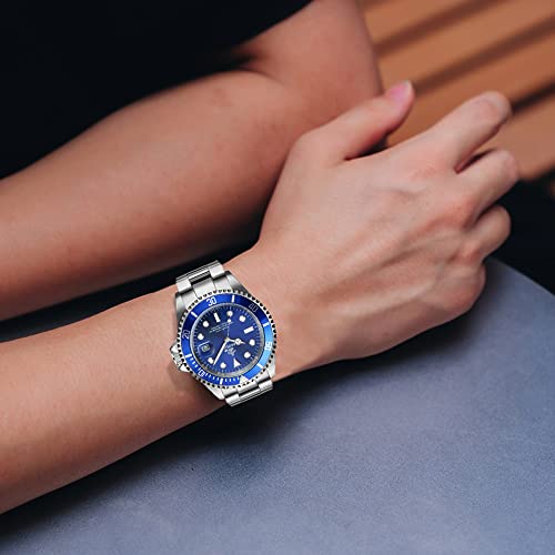 Fanmis Blue Dial Rotatable Bezel Sapphire Luminous Hand Quartz Mens Silver Stainless Steel Watches #TOP5