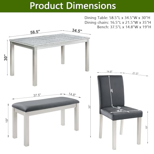 Image of KEIKI 6-Piece Standard Height Dining Table Set with Rectangular Table, 4 Upholstered Chair, Bench, for 6 Person, Crystal Decoration Table Set, Easy Assembly, for Kitchen, Dining Room, Silver Grey
